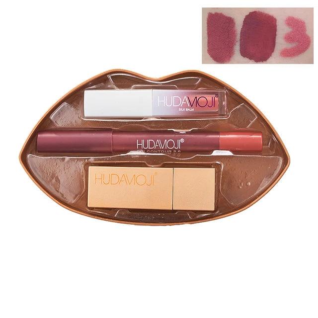 3 in 1 Hudamoji Set Velvet Matte Lipstick , Waterproof Lip Pencil & Lip Gloss Set