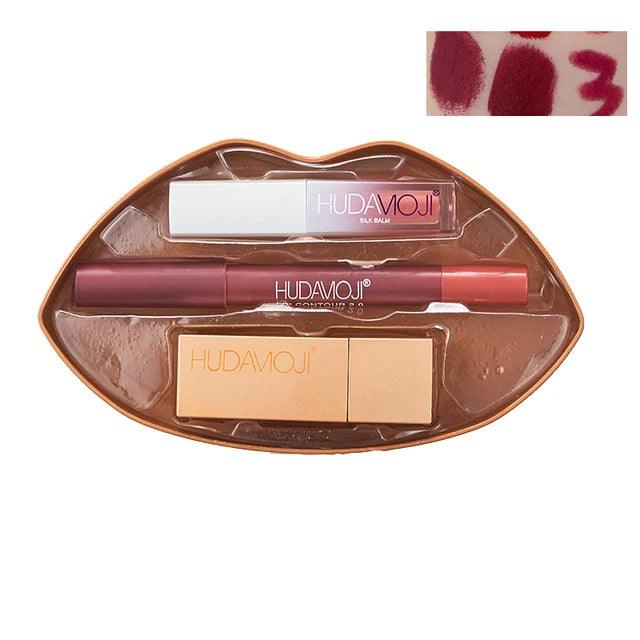 3 in 1 Hudamoji Set Velvet Matte Lipstick , Waterproof Lip Pencil & Lip Gloss Set