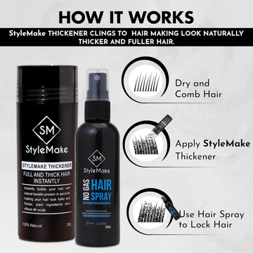 StyleMake Hair Thickener with Fixer Spray – Instantly Thicker Hair – Natural Keratin Protein, Vegan Ingredients – Transfer Proof & Waterproof – For Thinning Hair, Patchiness & Hair Loss Concealer