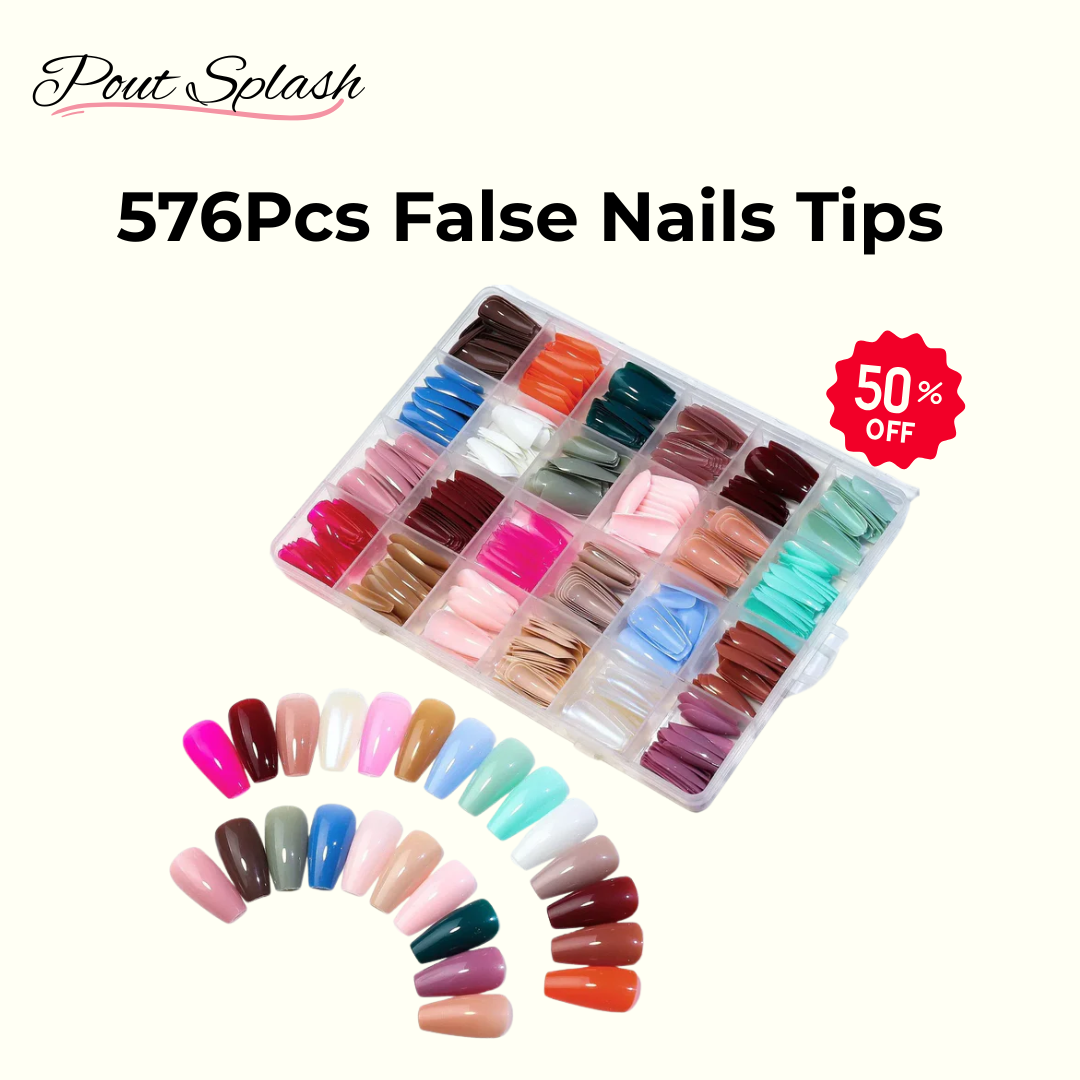 576Pcs False Nails Tips Short Coffin Almond French Artificial Nails Box (with Free Nail Jelly Glue Sticker + Nail Glue))