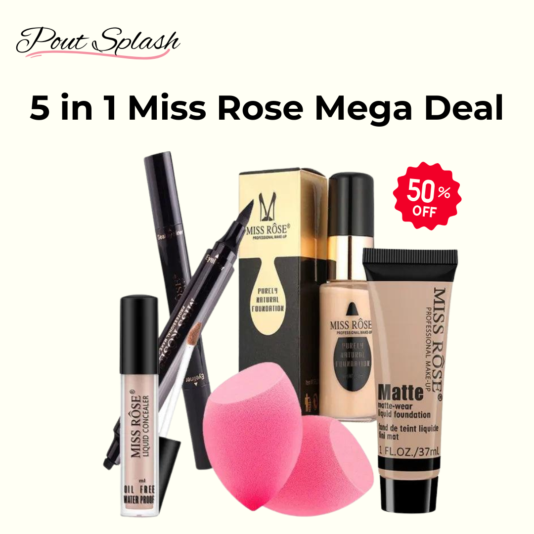 5 in 1 Miss Rose Mega Deal ( Matte & Liquid Foundation-Concealer-Eye Liner-Blender)
