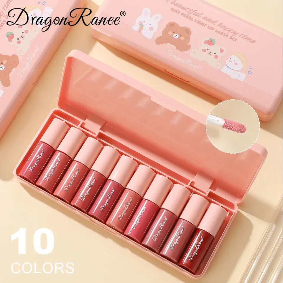 Dragon Ranee 10colors Cartoon Set Waterproof Moisturizing Lip Glaze Set Non-fading Lip Liquid Mirror Lipstick for  Lip Gloss