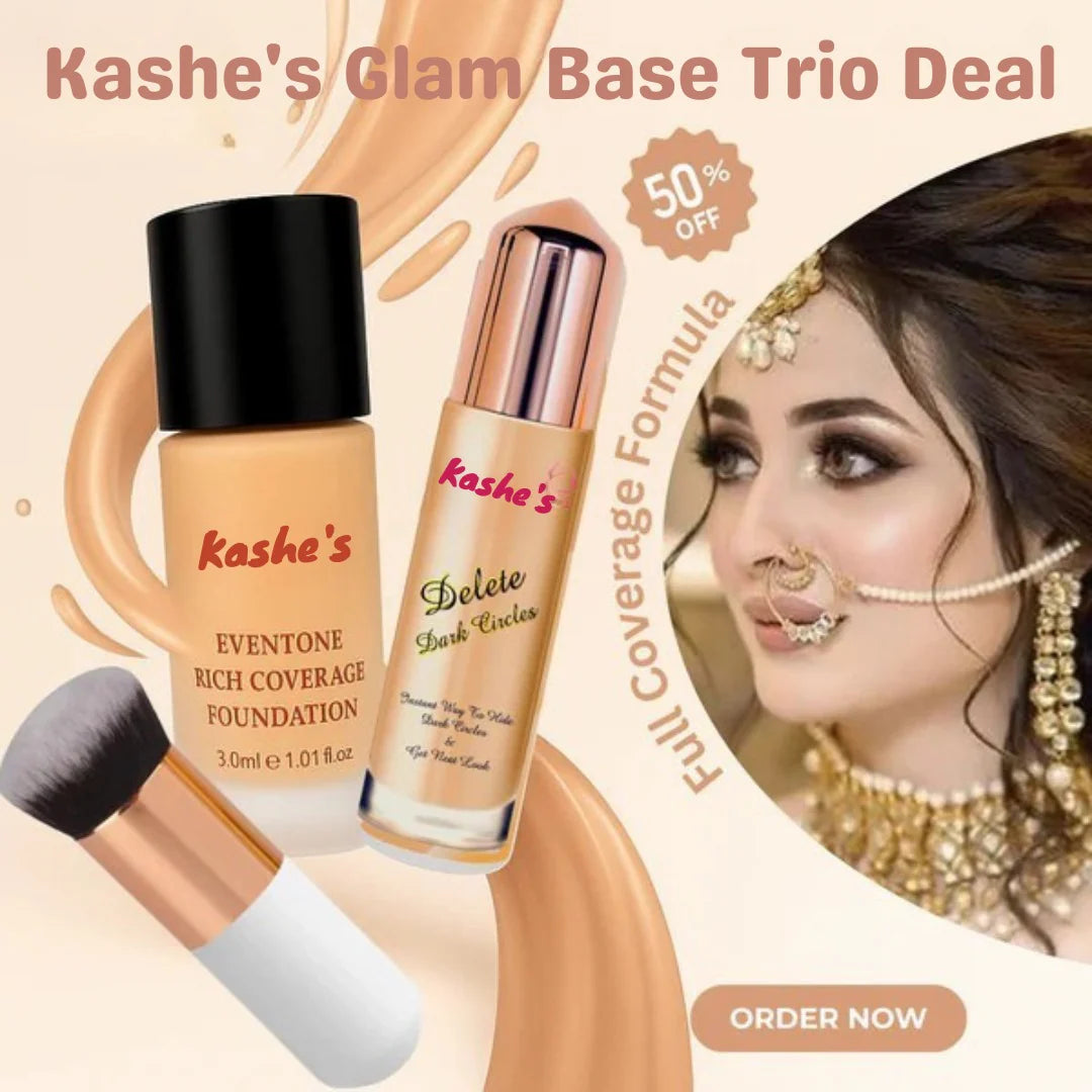 Kashe's Glam Base Trio Deal (Kashe's Eventone High Coverage foundation, Kashe's Concealer and Pier Foundation Brush)